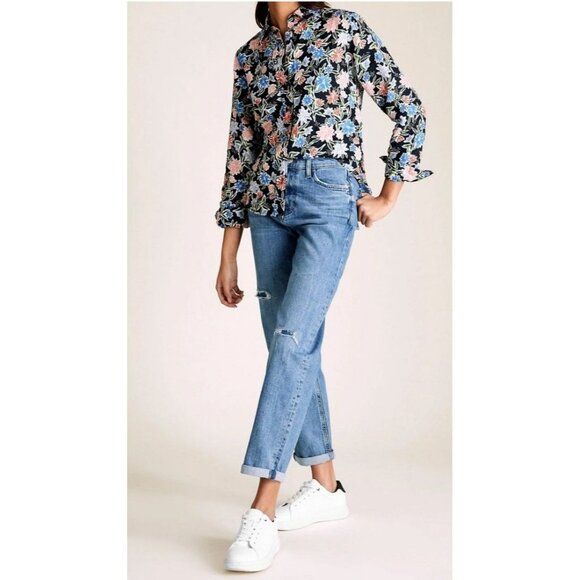 M&S Pure Linen Navy Blue Pink Red Floral Shirt Top Size Uk 10 - Picture 1 of 5